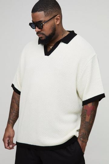 Plus Contrast Knit Oversized Short Sleeve Rugby Polo ecru