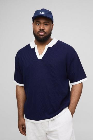 Plus Contrast Knit Oversized Short Sleeve Rugby Polo navy