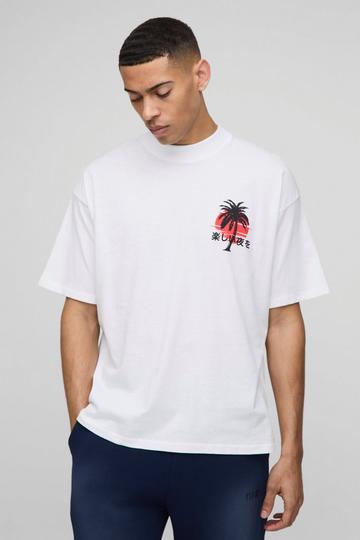 Oversized Extended Neck Beach House Landscape Shadow Print T-shirt white