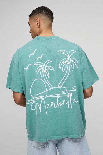 Oversized Extended Neck Line Drawn Marbella Graphic Washed T-Shirt green