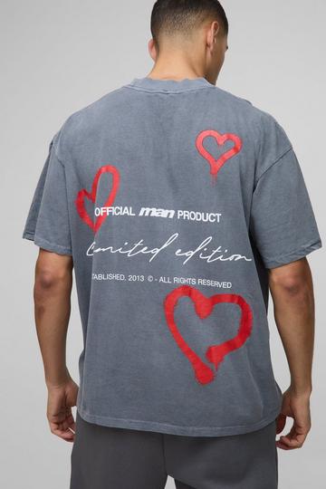 Oversized Extended Neck Limited Edition Heart Washed Printed T-Shirt charcoal