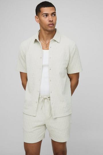 Stretch Overhemd Met Korte Mouwen En Textuur En Shorts Set stone