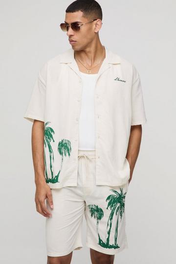 Oversized Palm Tree Print Linen Look Shirt & Short Set ecru