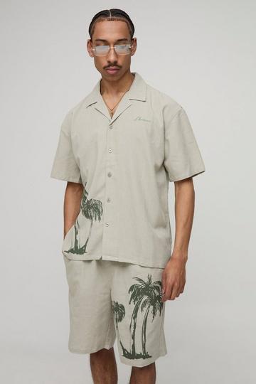 Oversized Linnen Look Palmboom Overhemd En Shorts Set stone
