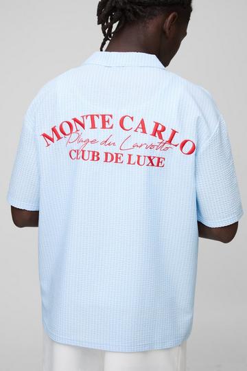 Oversized Embroidered Stripe Seersucker Revere Shirt light blue