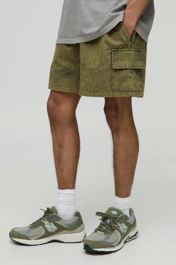 Elasticated Waist Boxer Fit Washed Ripstop Cargo Shorts khaki
