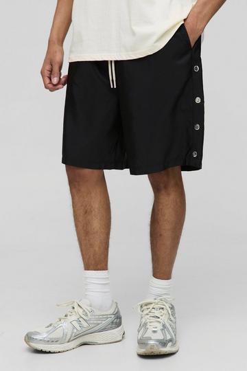 Elasticated Waist Relaxed Fit Nylon Popper Detail Shorts black