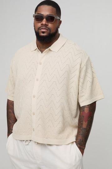 Plus Short Sleeve Boxy Open Stitch Knitted Shirt stone