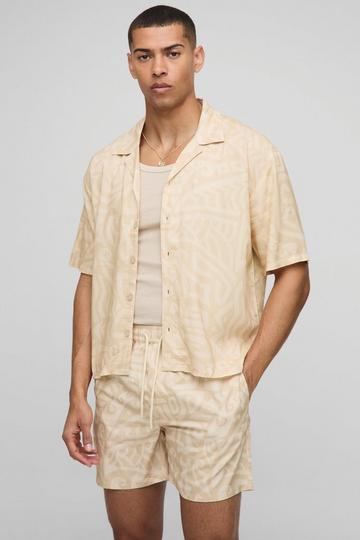 Oversized Boxy Viscose Overhemd Met Print En Zwembroek Set stone
