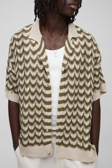 Abstract Gebreid Golvend Regular Fit Overhemd Met Revers Kraag green