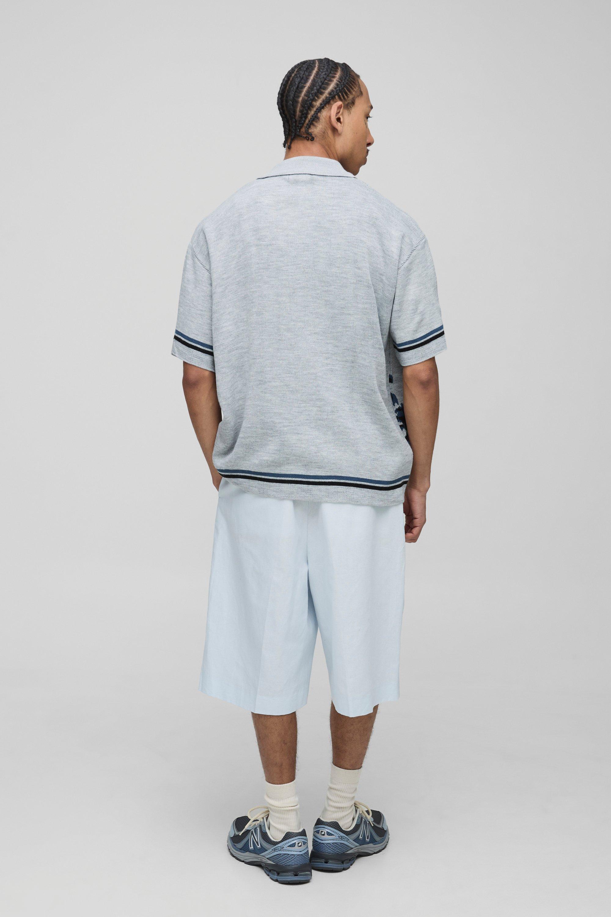 Boxy Fit Palm Scenic Jacquard Knitted Shirt | boohoo