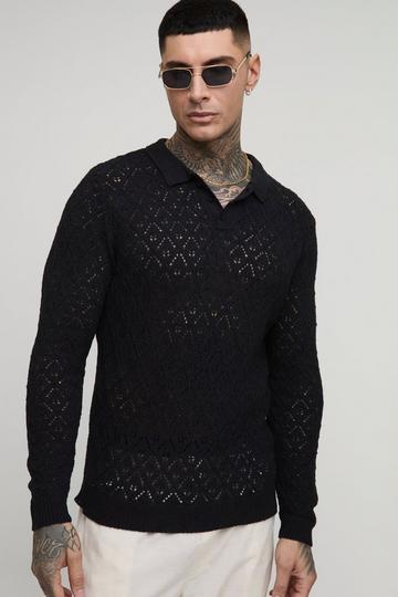 Tall Regular Fit Crochet Long Sleeve Polo Shirt black