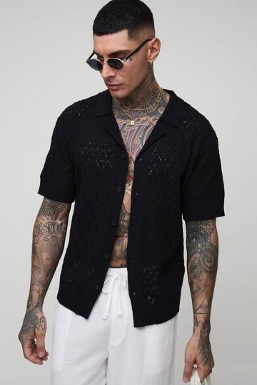Tall Regular Fit Leaf Pointelle Crochet Revere Shirt black
