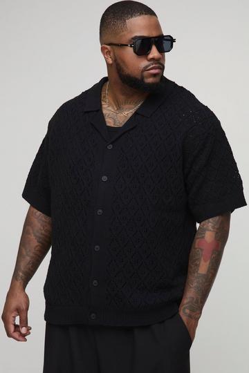 Plus Oversized Leaf Pointelle Crochet Revere Shirt black