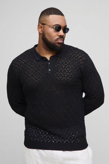Plus Oversized Crochet Long Sleeve Polo Shirt black