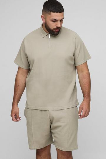 Plus Wafel Gebreide Polo En Shorts Set stone
