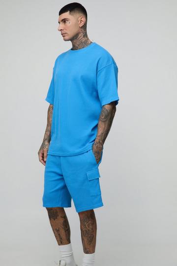 Tall Oversized Waffle T-Shirt & Cargo Short Set blue