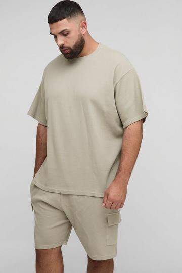Plus Oversized Wafel Gebreid T-Shirt En Cargo Shorts Set stone