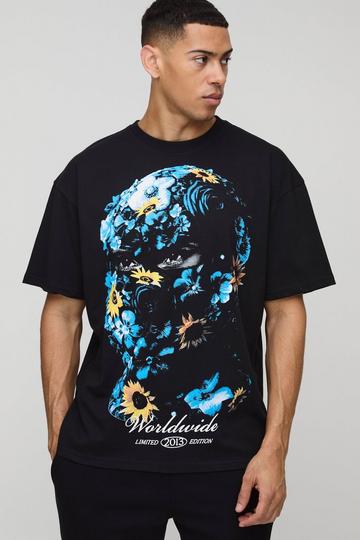 Oversized Worldwide Floral Mask Printed T-Shirt black