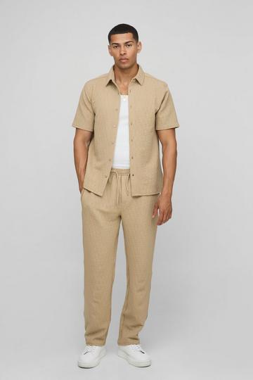 Short Sleeve Textured Stretch Shirt And Trousers Set taupe
