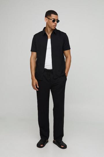 Stretch Overhemd Met Korte Mouwen En Textuur En Broek Set black