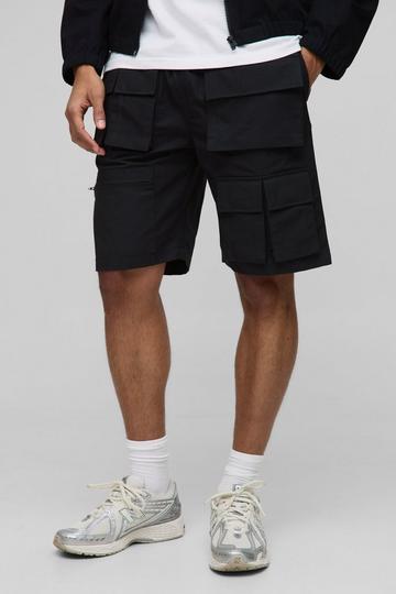 Elasticated Waist Relaxed Fit Ripstop Multi Pocket Cargo Shorts black