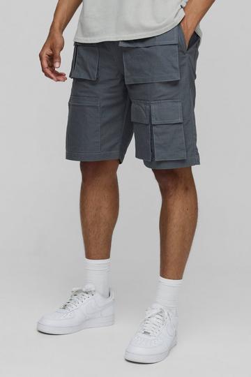 Elasticated Waist Relaxed Fit Ripstop Multi Pocket Cargo Shorts grey