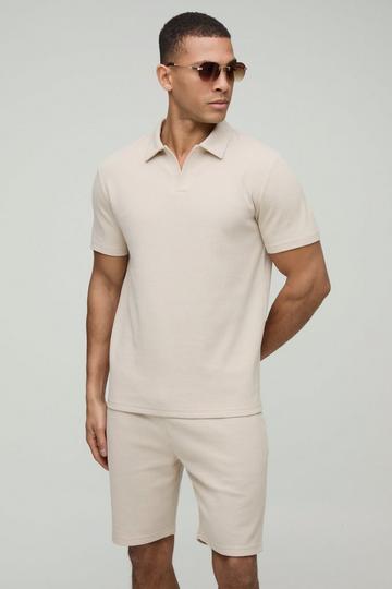 Man Wafel Gebreide Slim Fit Polo Met Revers Kraag En Shorts Set stone