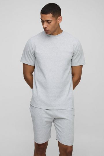 Man Wafel Gebreid Regular Fit T-Shirt En Shorts Set grey