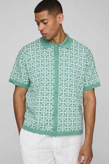 Gebreid Boxy Jacquard Overhemd Met Gekruiste Kraag En Revers Kraag green