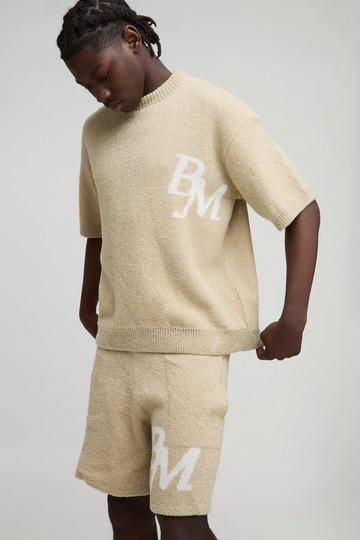 Stone Beige Boxy Fit Boucle BM Knitted T-Shirt and Shorts Set