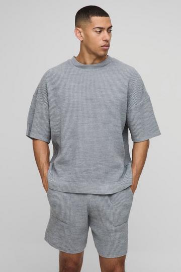 Geribbeld Gebreid Boxy T-Shirt En Shorts Set grey