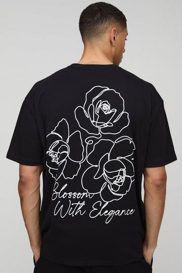 Oversized Bloemen Lijntekening T-Shirt Met Print black