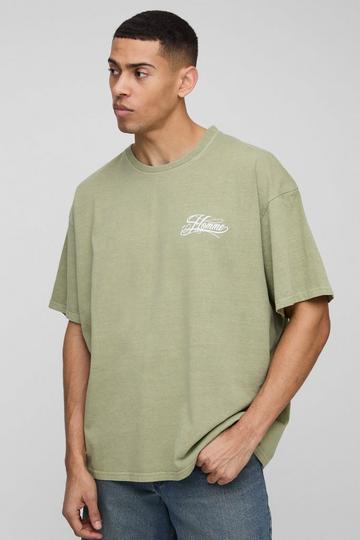 Oversized Washed Homme Script Printed T-Shirt khaki