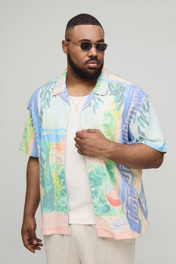Plus Oversized Linnen Mix Print Overhemd Met Print blue