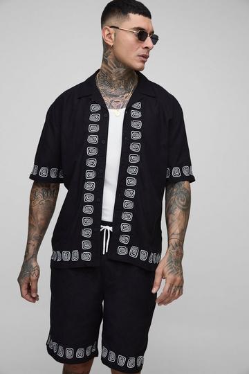 Tall Oversized Embroidery Linen Blend Shirt & Short Set black