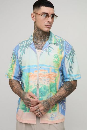 Tall Oversized Scenic Graphic Linen Blend Shirt blue