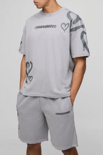 Oversized Boxy All Over Heart Printed T-Shirt And Short Set slate grey