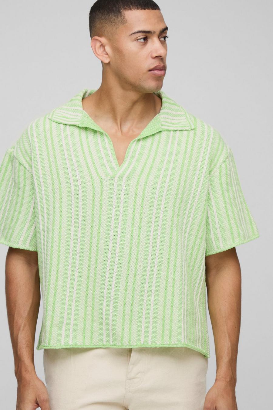 Oversized Boxy V Neck Textured Stripe Knitted Polo | boohoo USA Oversized Boxy V Neck Textured Stripe Knitted Polo | boohoo USA