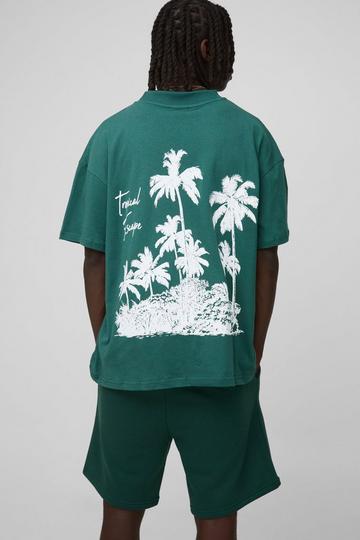 Oversized Overdye Palm Print T-Shirt En Shorts Set green