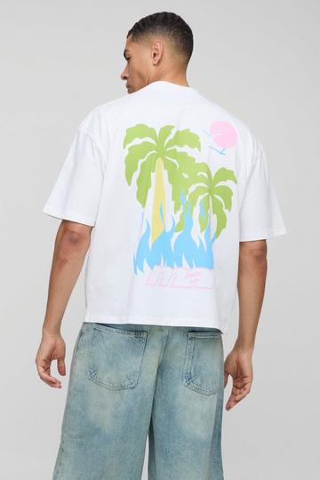 Oversized Extended Neck Man Multi Flame Palm T-Shirt white