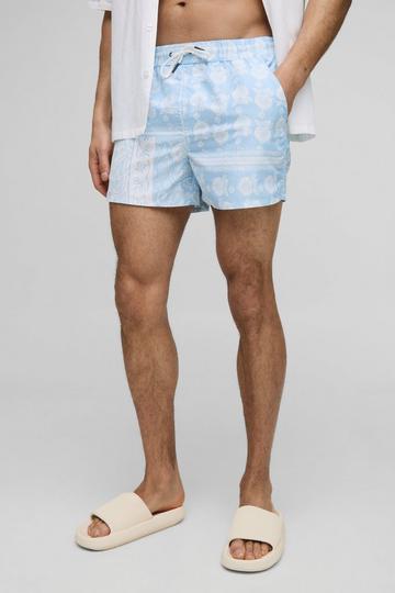 Short Length Tapestry Print Swim Shorts light blue