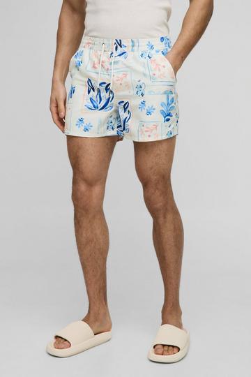 Short Length Conversational Print Swim Shorts ecru