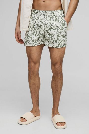 Short Length Leaf Print Swim Shorts green