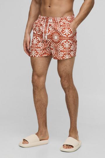 Short Length Abstract Print Swim Shorts burnt orange