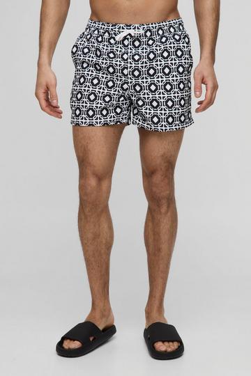 Black Short Length Geo Print Swim Shorts