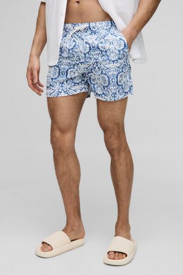 Short Length Abstract Print Swim Shorts blue