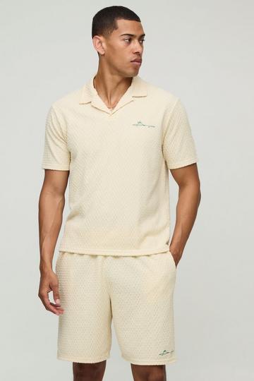 Boxy Embroidered Revere Textured Polo & Relaxed Shorts Set ecru
