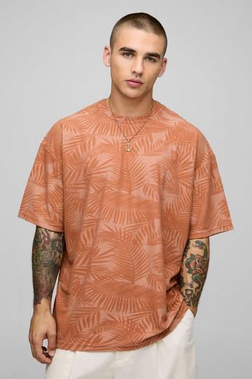 Oversized Palm Print T-Shirt Met Textuur mocha