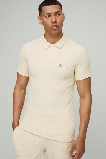 Muscle Fit Button Neck Embroidered Textured Polo ecru
